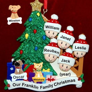 Personalized family of 5 Christmas tree with 2 dogs, cats, pets custom add-ons