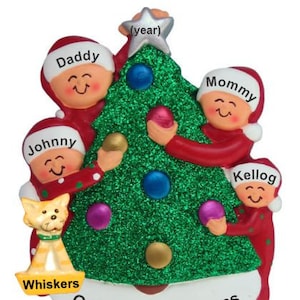Personalized decorating tree family ornament for 4 with 1 dog, cat, pet custom add-on