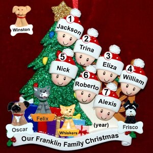 Personalized our xmas tree Christmas ornament for families of 7 with 4 dogs, cats, pets custom add-ons