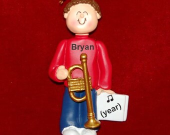 Trumpet Virtuoso, Male Brown Hair Christmas Ornament Personalized by Russell Rhodes Ornaments - RROrnaments ROOC090MBRTRU