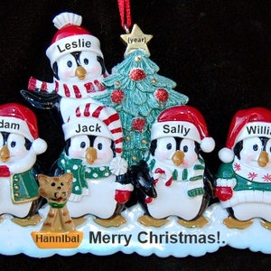 Penguin family ornament for 5 personalized with 1 dog, cat pets custom add-ons