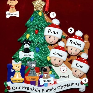 Personalized family of 4 Christmas tree with 4 dogs, cats, pets custom add-ons