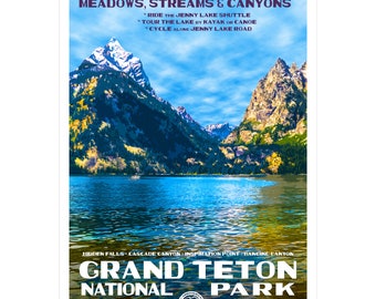 Grand Teton National Park Poster (featuring Jenny Lake) | WPA style 13" x 19" | Wyoming Nature Print | Nature Photography | FREE SHIPPING!