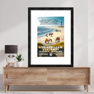 Póster original de la Costa Nacional de la Isla Assateague, arte vintage inspirado en la WPA, póster de poni de Assateague, fotografía de caballos de la Isla Assateague