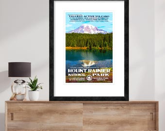 May include: A vintage travel poster for Mount Rainier National Park in Washington State. The poster features a scenic view of the mountain with a lake in the foreground and a forest in the background. The text on the poster reads "Tallest Active Volcano, Glaciers, Old-Growth Forests, Waterfalls, Subalpine Meadows, Mount Rainier National Park, US Department of the Interior, National Park Service."