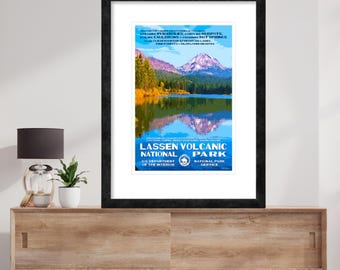 May include: A vintage travel poster for Lassen Volcanic National Park in California. The poster features a scenic view of a lake reflecting a mountain with a blue sky and clouds. The text on the poster reads "Lassen Volcanic National Park" with the US Department of the Interior and National Park Service logos.