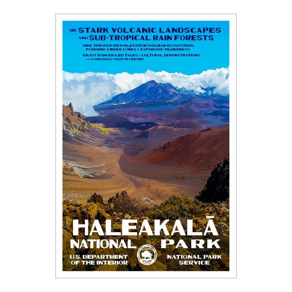 Haleakala National Park Poster WPA-style | 13x19 | Volcano Landscape Print | Haleakala Volcano Art | Maui Vacation Keepsake | FREE SHIPPING!