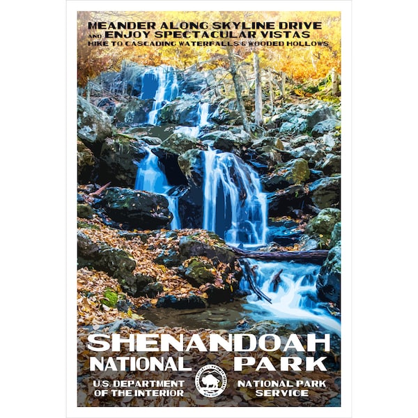 Shenandoah National Park WPA Style Poster | 13" x 19" | Virginia National Park Print | Cascading Waterfall Print | Appalachian Landscape Art