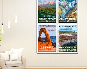 Vintage WPA Style National Park Poster Set of 4, Scenic Landmark Prints Office Accents, Retro Travel Art, Outdoor Adventure Home Wall Decor