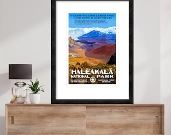 May include: A vintage travel poster for Haleakala National Park in Hawaii. The poster features a scenic view of the volcano with the text "Stark Volcanic Landscapes - Sub-Tropical Rainforests" and "Haleakala National Park" in bold letters. The poster also includes the logos for the US Department of the Interior and the National Park Service.