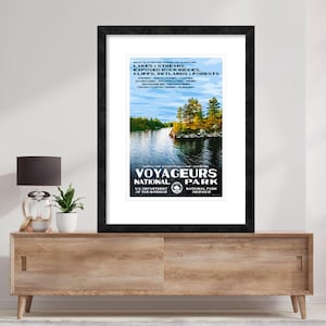 Póster original del Parque Nacional Voyageurs, obra de arte retro vintage inspirada en el WPA, decoración de pared con fotografía de Minnesota, impresión artística del NPS de Northwoods