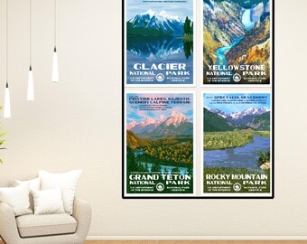 Rocky Mountain National Park Poster Bundle Set of 4, Glacier Yellowstone Grand Teton & Rocky Mountain National Park WPA Style Travel Prints