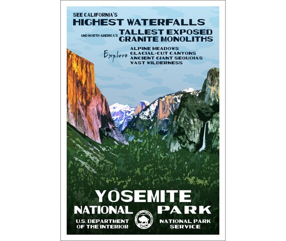 Yosemite National Park Poster WPA-style Art PrintFree Shipping Original
