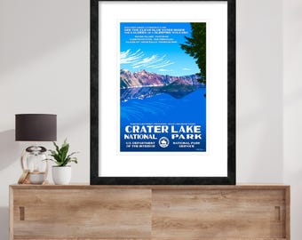 May include: Vintage travel poster for Crater Lake National Park, featuring a scenic view of the lake and surrounding mountains. The poster is blue and white with the text "Crater Lake National Park" and the U.S. Department of the Interior and National Park Service logos.