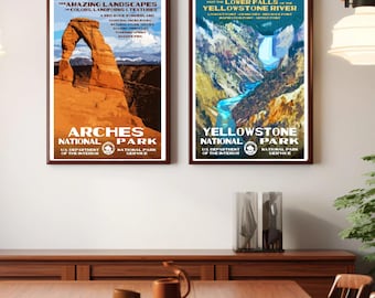 Set of 2 National Park Poster Set, Vintage WPA Travel Prints, Scenic Nature Office Art, Retro Landscape Wall Decor, Park Collectible Posters