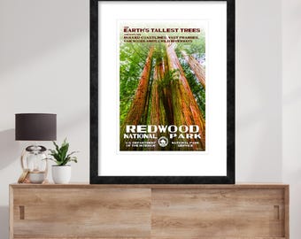 May include: A vintage-style poster for Redwood National Park, featuring a close-up view of towering redwood trees. The poster text reads "Earth's Tallest Trees" and "Redwood National Park".