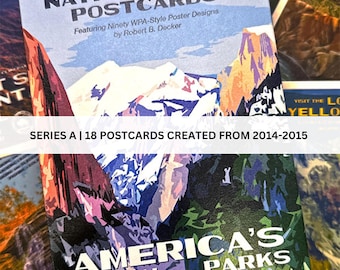 May include: A collection of 18 vintage-style postcards featuring national parks in the United States. The postcards are part of a series called "America's National Parks" and were created from 2014-2015. The postcards feature colorful illustrations of mountains, forests, and other natural landscapes.