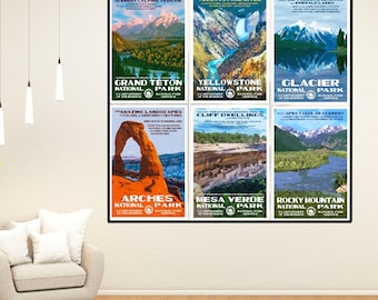 Set of 6 Vintage National Park Poster Bundle, WPA Retro Travel Art, Home Office Historic Park Prints, Outdoor Adventure Landscape Decor