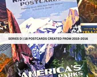 May include: A set of 18 vintage-style postcards featuring national parks in the United States. The postcards are part of a series called "America's National Parks" and were created from 2015-2016. The postcards feature colorful illustrations of mountains, forests, and other natural landscapes.