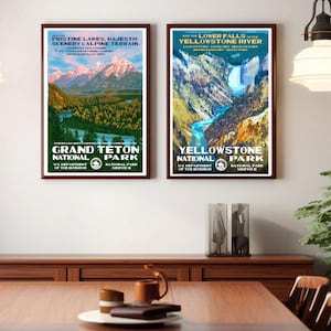 Wyoming National Park Poster Set of 2, Yellowstone National Park & Grand Teton National Park WPA Travel Art, Vintage Retro Adventure Decor