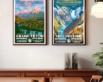 Wyoming National Park Poster Set of 2, Yellowstone National Park & Grand Teton National Park WPA Travel Art, Vintage Retro Adventure Decor