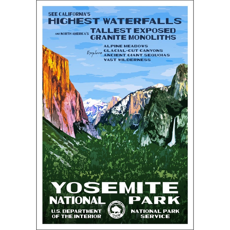 Yosemite National Park Poster WPA style 13 x 19 California Art Mountain Arts Nature Décor Gift Ideas For Hikers image 2