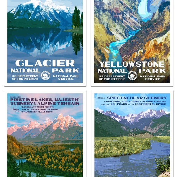 Rocky Mountain Collection | Set of 4 National Park Posters: Glacier, Yellowstone, Grand Teton & Rocky Mountain National Park | Poster Bundle