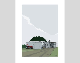 Irish wall art of farm buildings and tractor in County Mayo, Ireland, limited edition prints, west coast Ireland art, Irish art gift