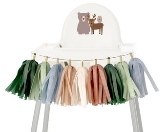 Woodland High Chair Garland, Wild One, Woodland Animal First Birthday Party Cake Smash High Chair Skirt, Boho Baby Boy High Chair Banner