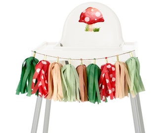 Mushroom Forest High Chair Garland, Enchanted Mushroom Woodland Fairies First Birthday Banner, Cake Smash High Chair Skirt, 1st Birthday