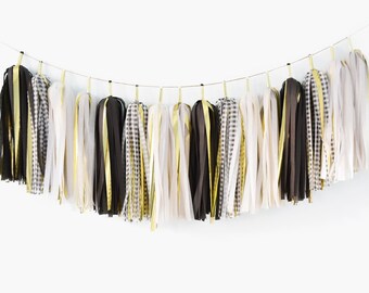 ASSEMBLED Black Gingham Tassel Garland, New Year Eve Party Decoration Supplies, Boy Little Man Birthday Party, Bachelor Party Banner Garland