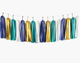 Teal Navy Gold Tassel Garland, Nautical Wedding Garland Backdrop, Twinkle Little Star Party Paper Bunting Banner, Baby Boy First Birthday