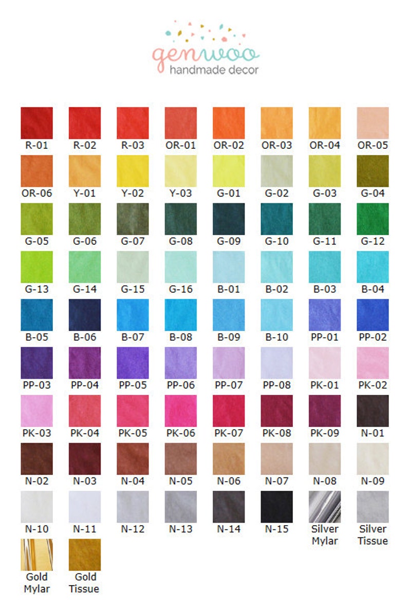Puede incluir: Una carta de colores de 48 colores diferentes de papel de seda. Los colores est&aacute;n dispuestos en filas y columnas, y cada color est&aacute; etiquetado con un c&oacute;digo de letra y n&uacute;mero. Los colores incluyen rojo, naranja, amarillo, verde, azul, morado, rosa, marr&oacute;n, negro, blanco, plata y oro.