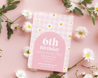 Editable Digital Light Pink Gingham Daisy Birthday Invitation Canva Template -  Girl Spring Picnic Groovy Daisy Party INSTANT DOWNLOAD