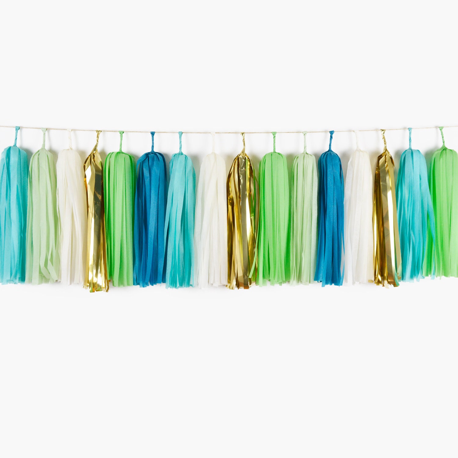 ASSEMBLED Palm Springs Tassel Garland Tropical Fiesta Palm Green Blue Garland Tropical Party Banner Luau Party Decor Green