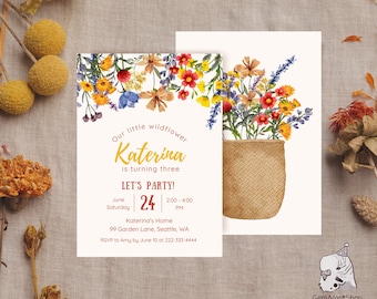 Edytowalne zaproszenia na urodziny i przyjęcie urodzinowe Wildflowers w wersji cyfrowej - szablon zaproszenia na przyjęcie ogrodowe Summer Floral - NATYCHMIASTOWE POBIERANIE DO DRUKU