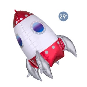 May include: A red and silver foil balloon shaped like a rocket ship with a porthole window. The balloon is 29 inches tall.