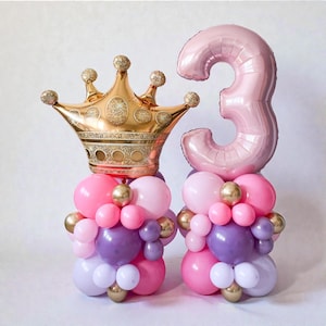 Gold Crown and Pink Number Balloon Tower DIY Kit - Girls Princess Birthday Party Decoration - Balloon Column Stack