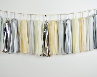 ASSEMBLED Silver Neutral Tassel Garland, Arctic Animal Birthday Decor, Baby Shower, Silver Party Decor, Grey Elephant Birthday
