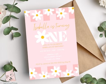Digital Pink Daisy 1st Birthday Invitation Editable Canva Template - Spring Daisy Pink Checkered First Birthday Invitation, INSTANT DOWNLOAD