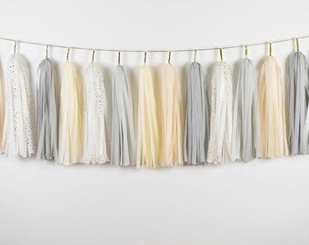 ASSEMBLED Grey Cream Tassel Garland, Farmhouse Party Wall Decor, Boho Farmhouse, Nordic Kids Room, Gender Neutral Birthday, Baby Shower