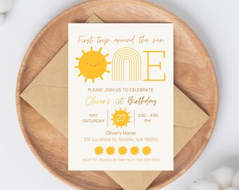 Editable Digital 1st Trip Around the Sun First Birthday Party Invitation - Canva Template  Sunshine 1st Birthday Instant Download Printable
