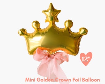 Mini Gold Crown Foil Balloon with Bow - Airfill Heat-sealing, Little Girl Princess Party Balloon Decors, Party Wand, Loot Bag, Photo Prop