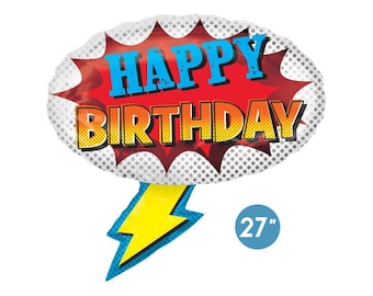 Superhero Happy Birthday Foil Balloon 30", Comic Epic Birthday Party Decor, Boy Birthday Party Balloon, Red and Blue Super Hero Birthday