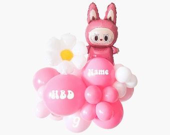 Pink Lafufu and Daisy Balloon Cluster DIY Kit with Custom Vinyl Stickers - Popular Monster Girl Birthday Party - HBD - Trendy Bubu Party