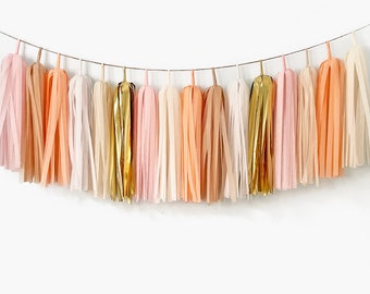 Gold Blush Tassel Garland Assembled, Peach Pink Blush Party Decor, Bohemian Wedding Backdrop, Bridal Shower, Baby Shower, Baby Girl Nursery