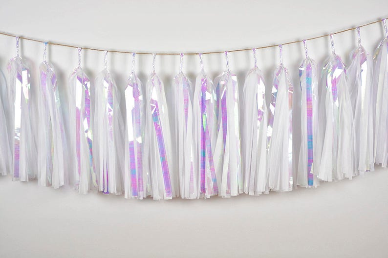 White Iridescent Tassel Garland White Winter Party Decor Etsy