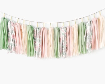 Succulents Tassel Garland ASSEMBLED, Bohemian Desert Cactus Birthday Party Banner, Boho Hippie Bridal Shower Pale Pink Green Backdrop Decors