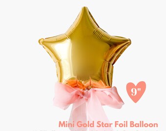 Mini Gold Star Foil Balloon with Bow - Airfill Heat-sealing, Kid Birthday Party Balloon Decors, Party Wand, Twinkle Little Star Photo Prop