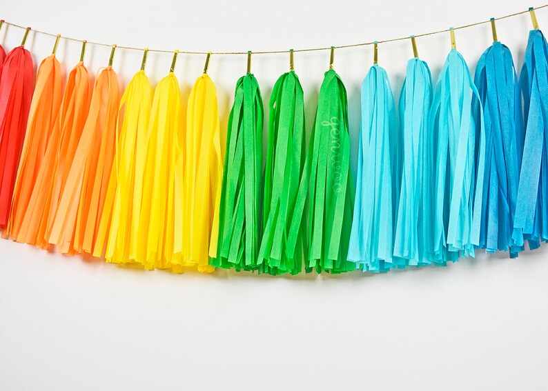 Puede incluir: Una guirnalda de borlas de papel de seda arco&iacute;ris con borlas rojas, naranjas, amarillas, verdes, azules y turquesas.
